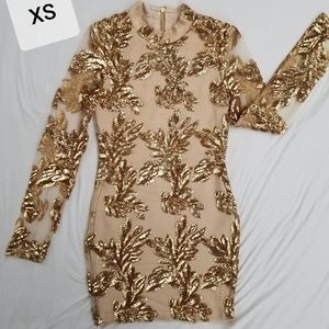 Hego Mini Gold Embellished Long Sleeve Dress-XS